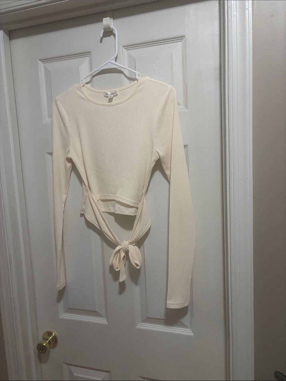 Wild Honey Cream Ribbed Tie-Front Long Sleeve Top